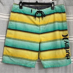 Hurley / Yellow, Green & Black Striped Hybrid Swim Board Shorts Size 34